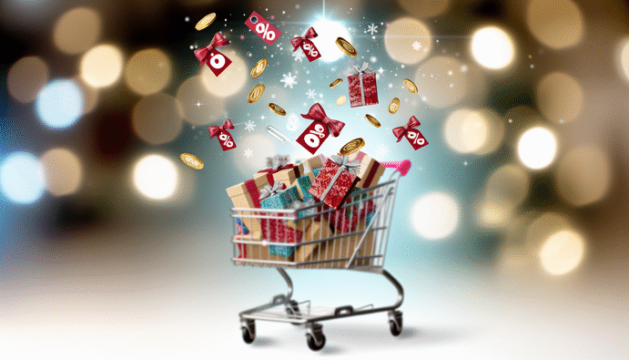 alt_text: A festive cover image with a shopping cart of gifts, showcasing savings tips for budget-friendly holidays.