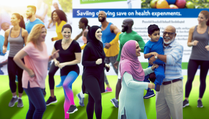 alt_text: Diverse individuals enjoy healthy activities, promoting savings and wellness in a vibrant, optimistic scene.