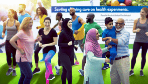 alt_text: Diverse individuals enjoy healthy activities, promoting savings and wellness in a vibrant, optimistic scene.