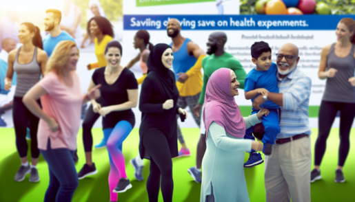 alt_text: Diverse individuals enjoy healthy activities, promoting savings and wellness in a vibrant, optimistic scene.