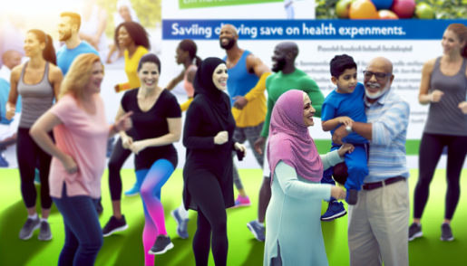 alt_text: Diverse individuals enjoy healthy activities, promoting savings and wellness in a vibrant, optimistic scene.